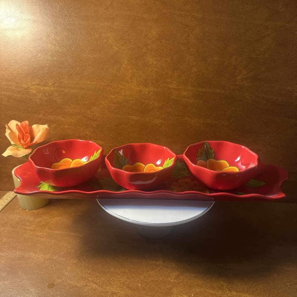 Temptations By Tara Poppy Passion Long Serving Tray With 3 Bowls